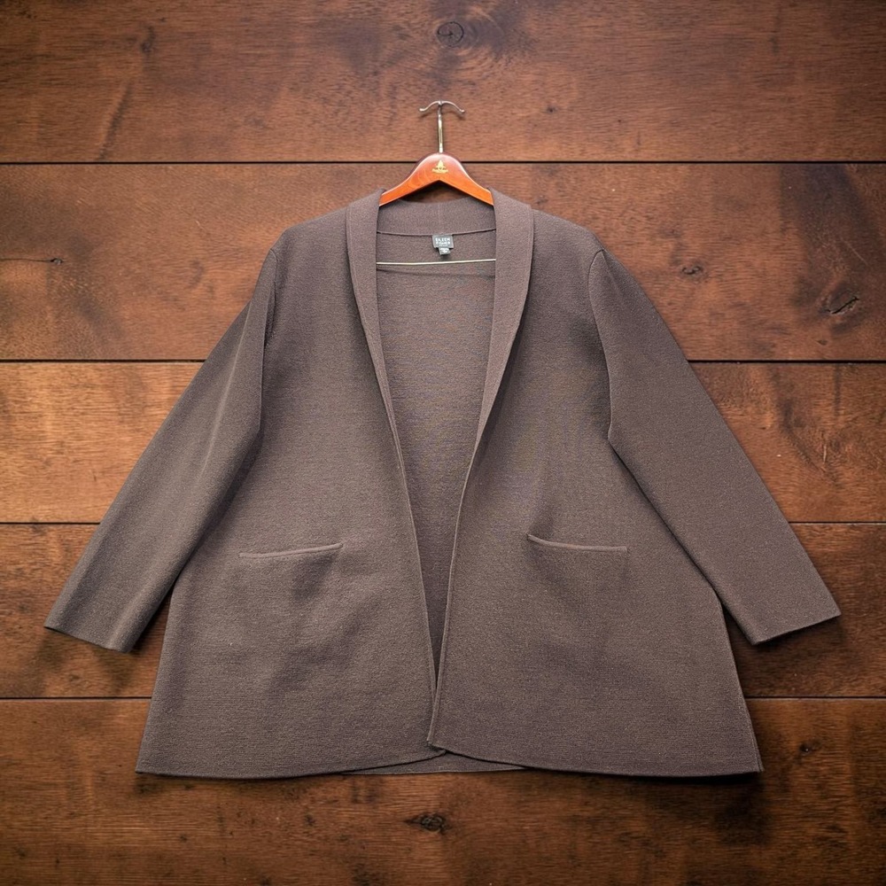 Vintage Eileen Fisher Woman 3X Dark Brown Shawl Collar Open Front Knit Cardigan